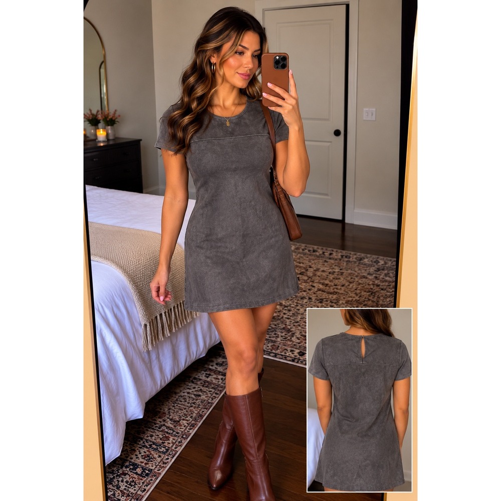 Chloe K Faux Suede Short Sleeve Shift Dress Gray Crew Neck Keyhole Back Mini